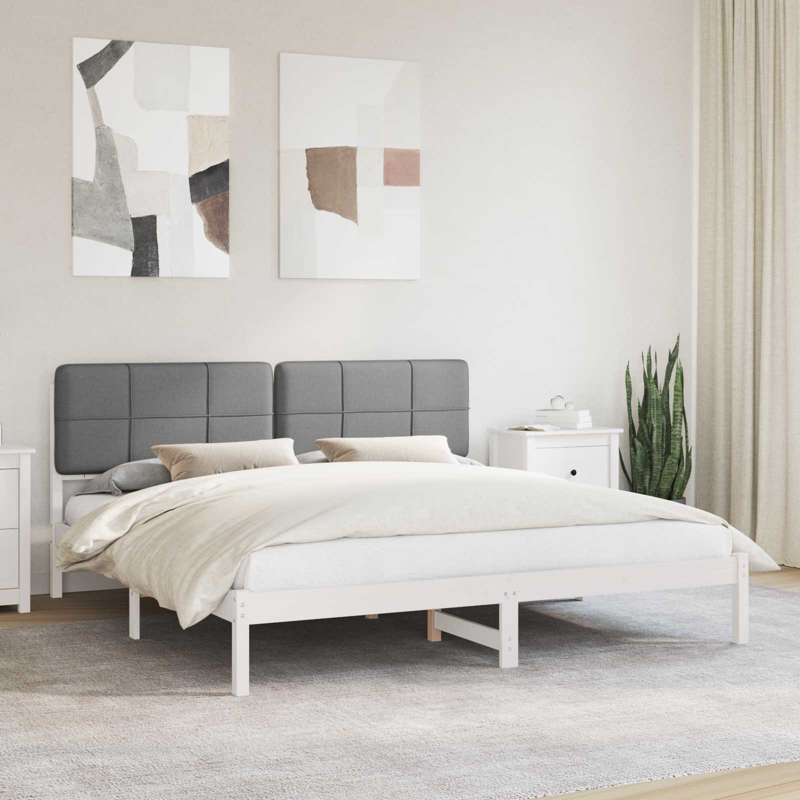 Sängram med Klädd Huvudgavel Ljusgrå 200 x 200 cm Massiv furu