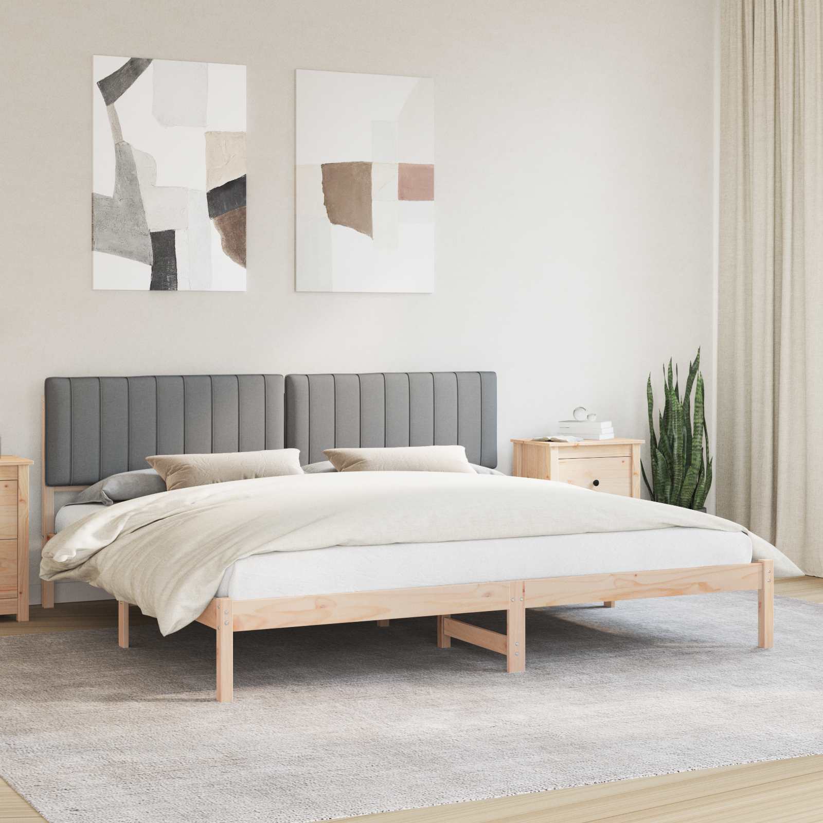 Sängram med Klädd Huvudgavel Ljusgrå 200 x 200 cm Massivt furu