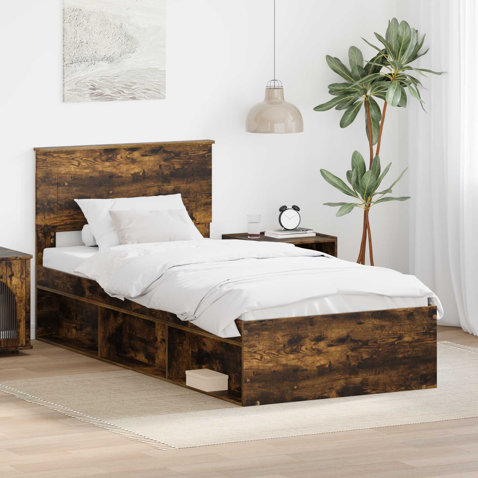 Sängram med huvudgavel Rökt ek 90 x 190 cm Konstruerat trä