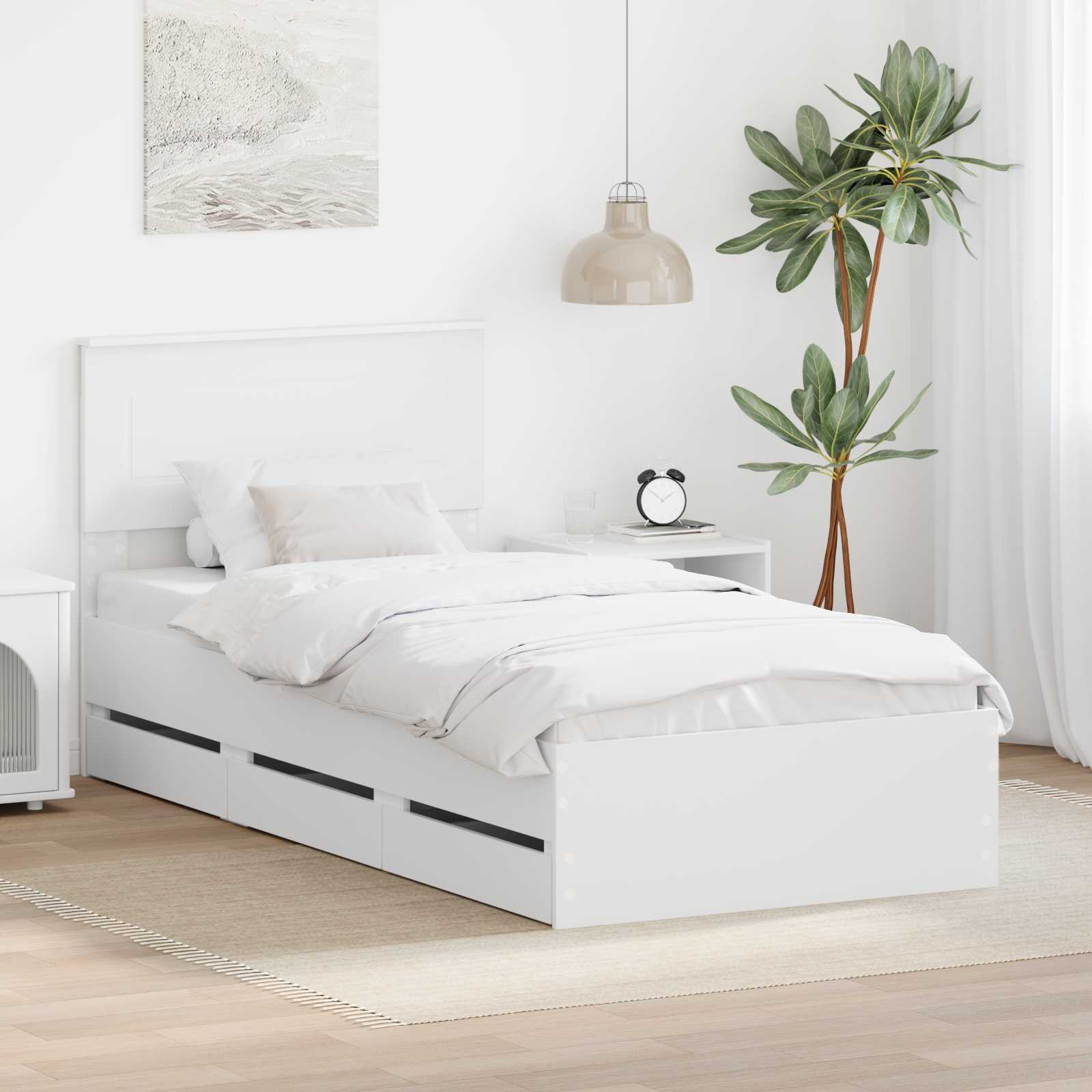Sängram med låda med huvudgavel Vit 75 x 190 cm Ingenjörsträ