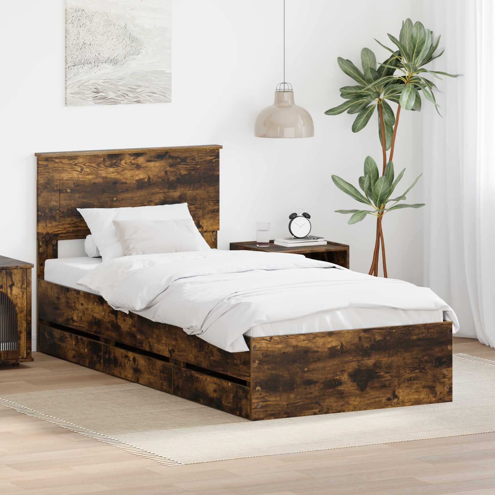 Sängram med låda med lagring Rökt ek 75 x 190 cm Ingenjörsträ