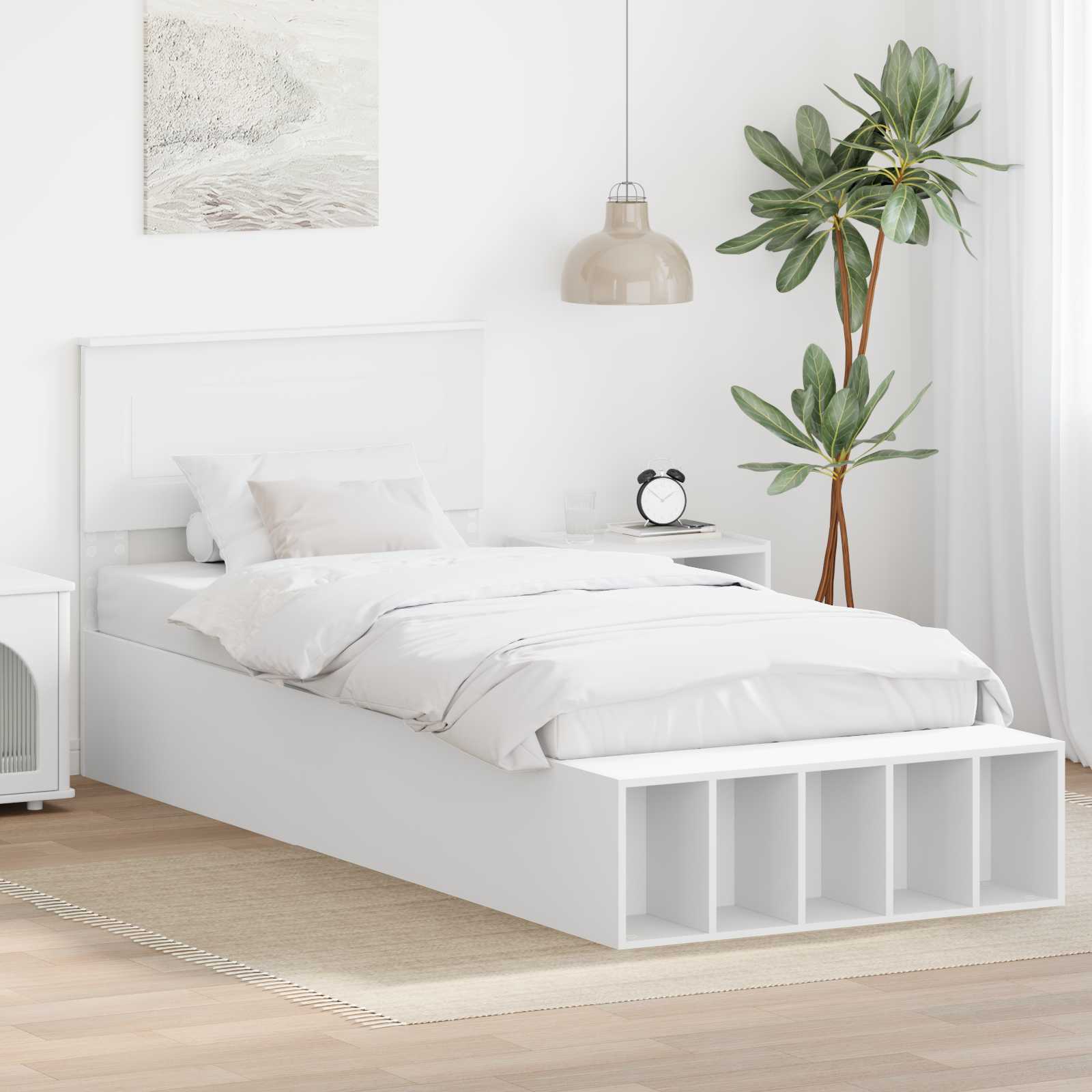 Sängram med hylla med lagring Vit 75 x 190 cm Konstruerat trä