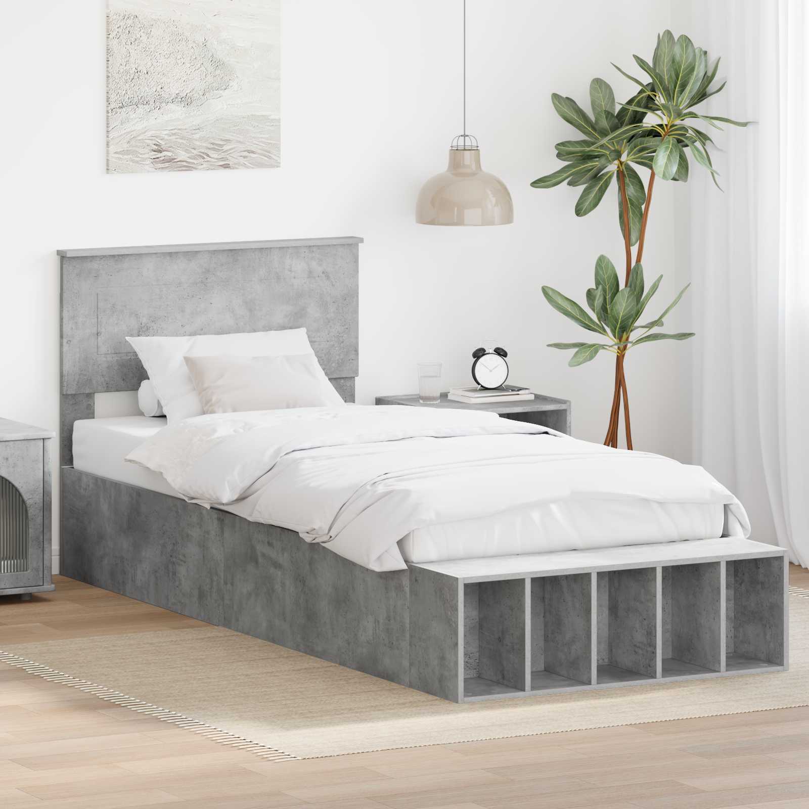 Sängram med hylla Betonggrå 70 x 190 cm Konstruerat trä