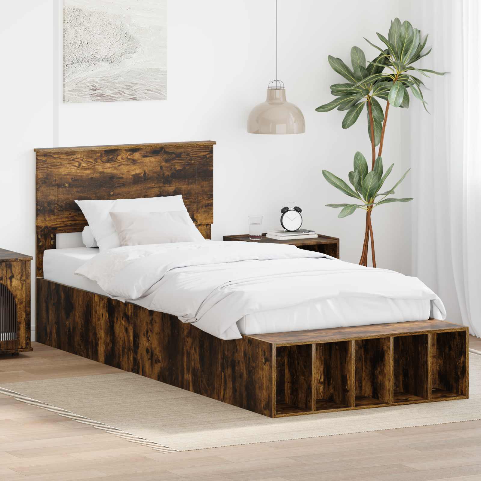 Sängram med hylla Rökt ek 75 x 190 cm Konstruerat trä