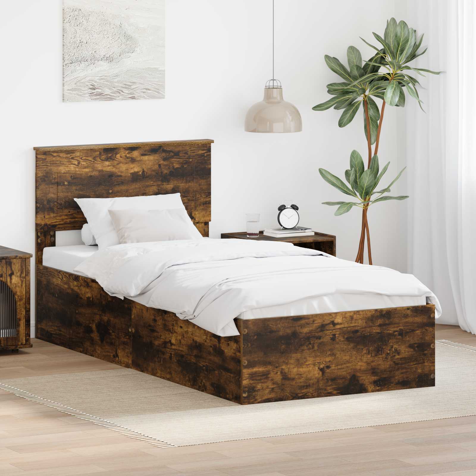 Sängram med huvudgavel Rökt ek 90 x 190 cm Konstruerat trä