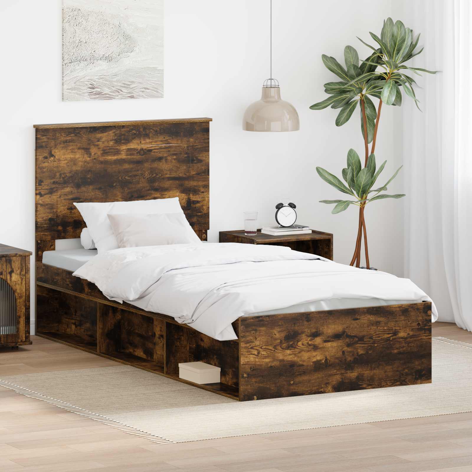 Sängram med huvudgavel Rökt ek 75 x 190 cm Massiv furu