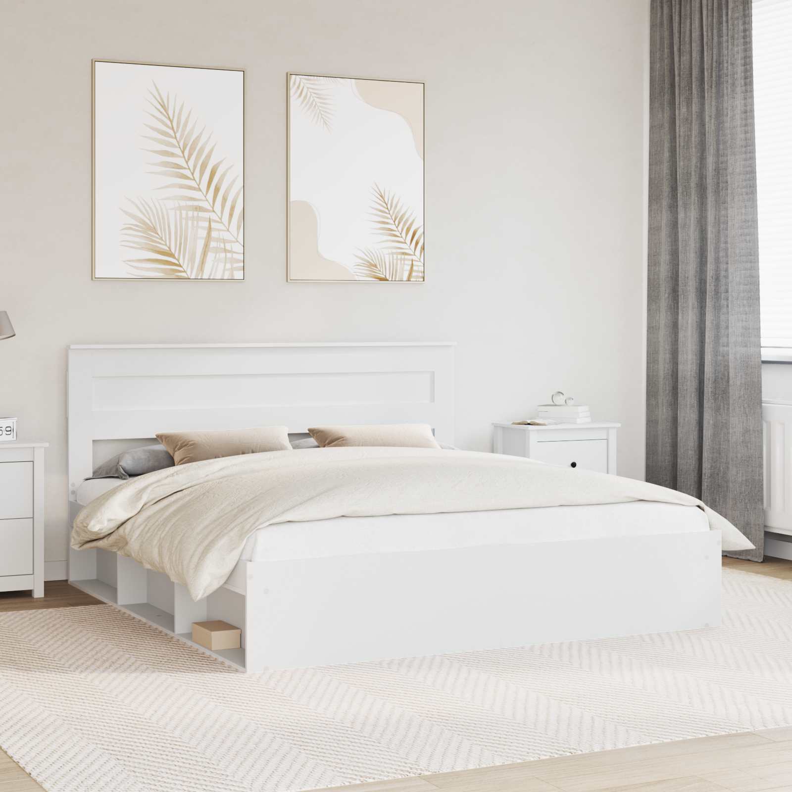 Sängram med huvudgavel med lagring Vit 200 x 200 cm Massiv furu