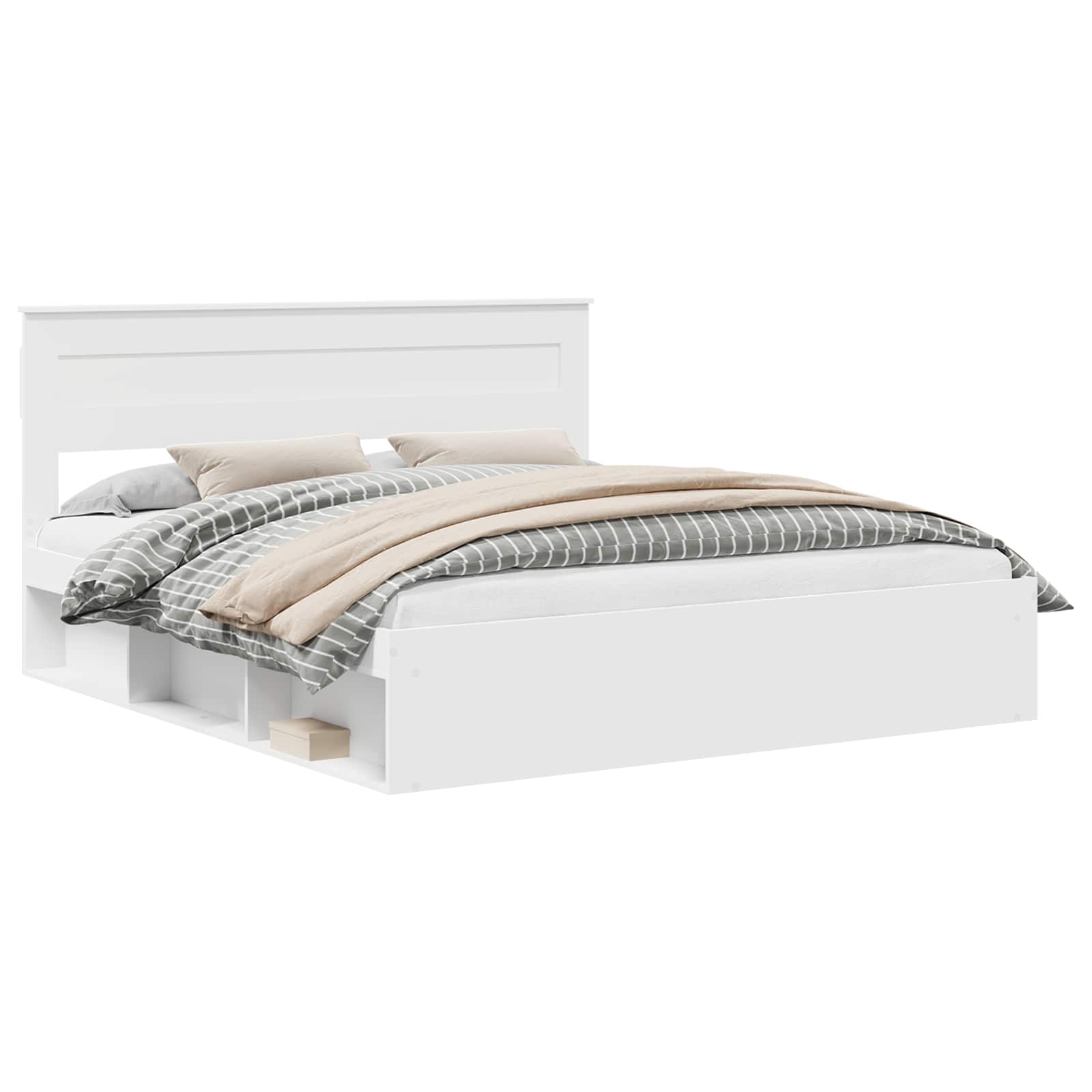 Sängram med huvudgavel med lagring Vit 200 x 200 cm Massiv furu