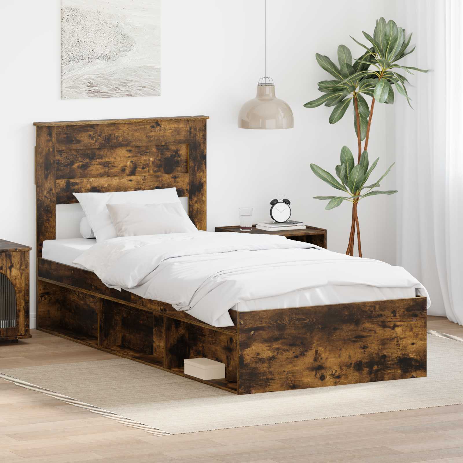 Sängram Enfärgad med lagring Rökt ek 100 x 200 cm Massiv furu