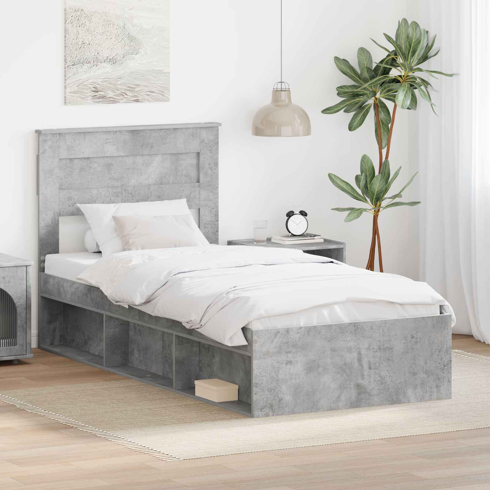 Sängram Enfärgad med lagring Betonggrå 75 x 190 cm Massiv furu
