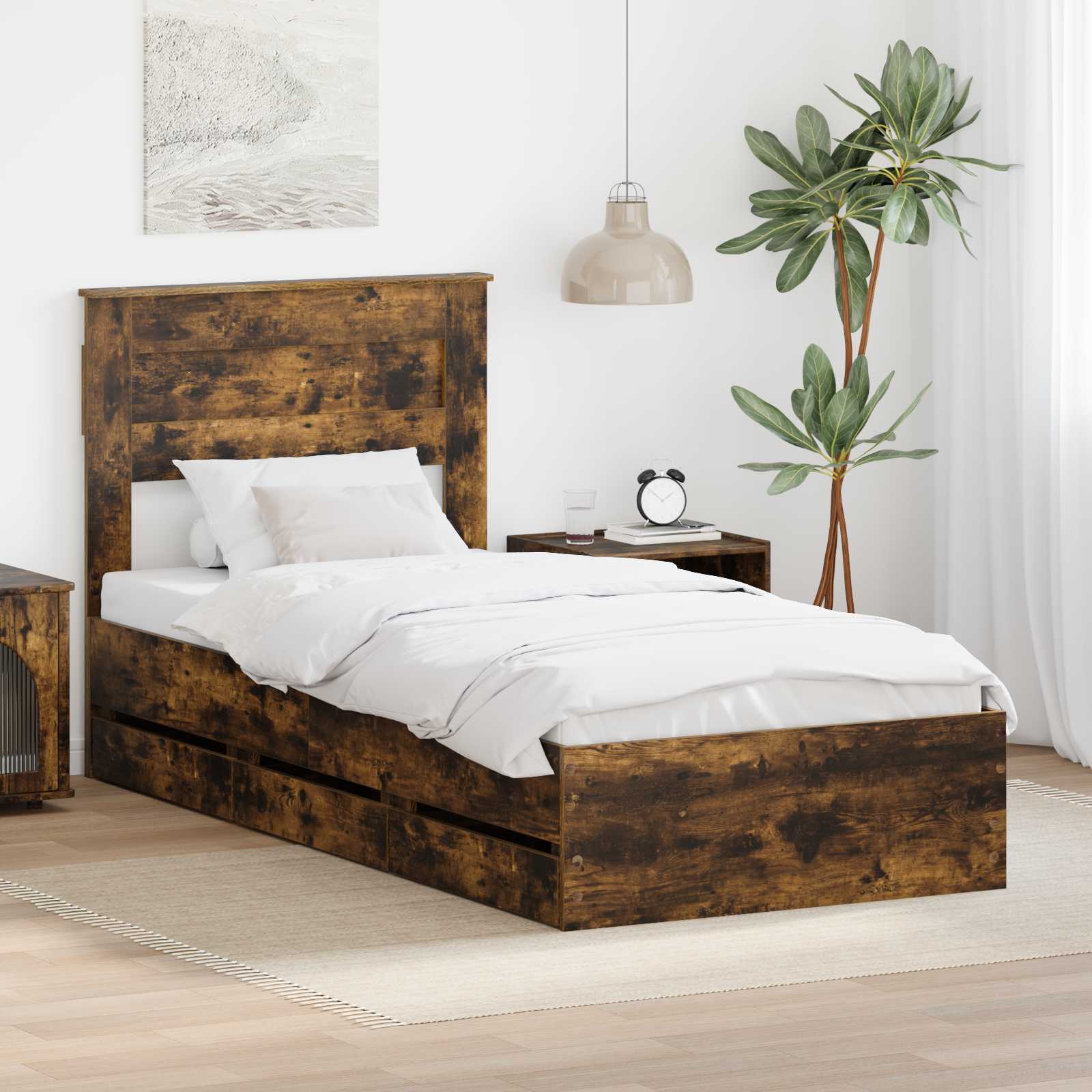 Sängram med låda med lagring Rökt ek 90 x 190 cm Ingenjörsträ
