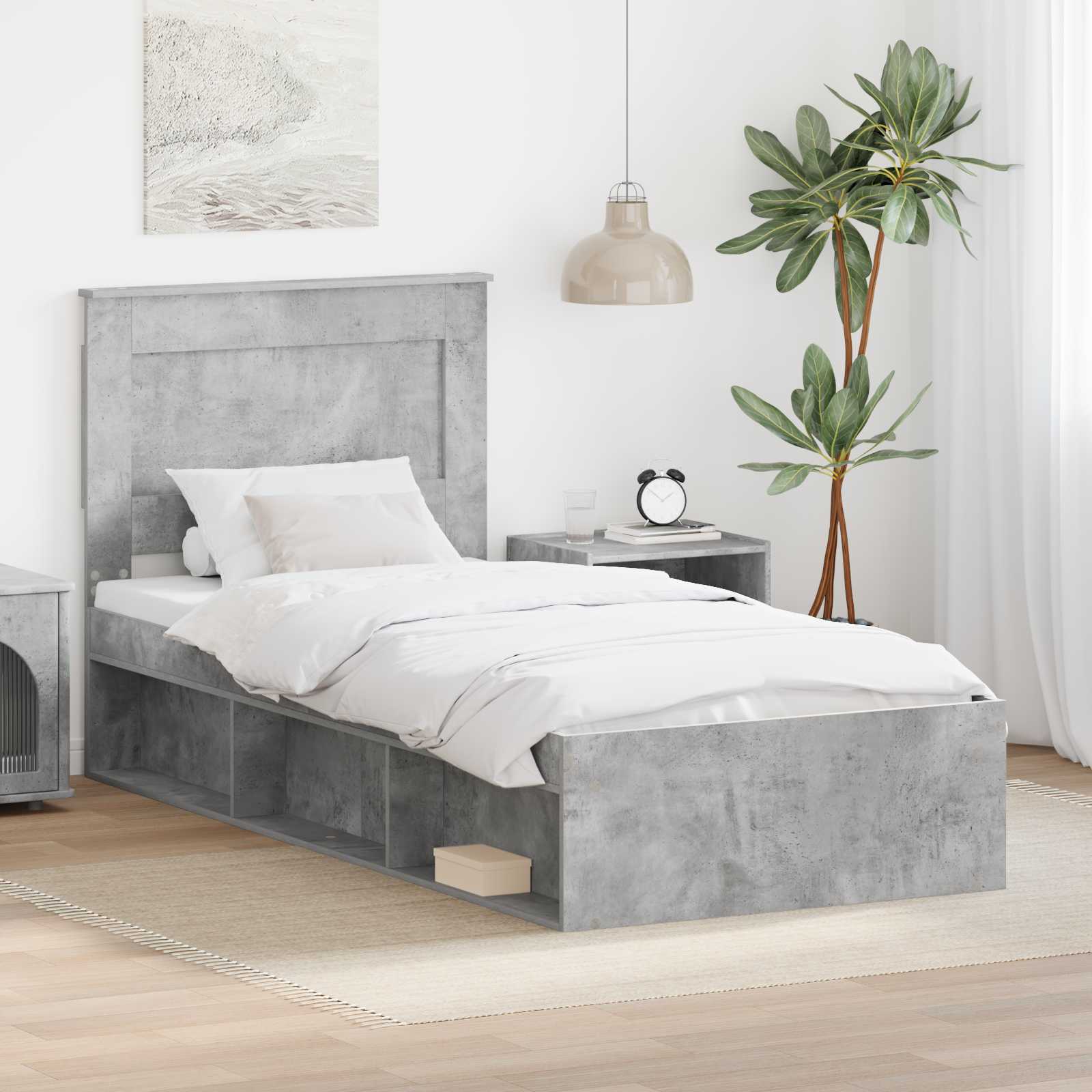 Sängram med låda Enfärgad Betonggrå 75 x 190 cm Massiv furu