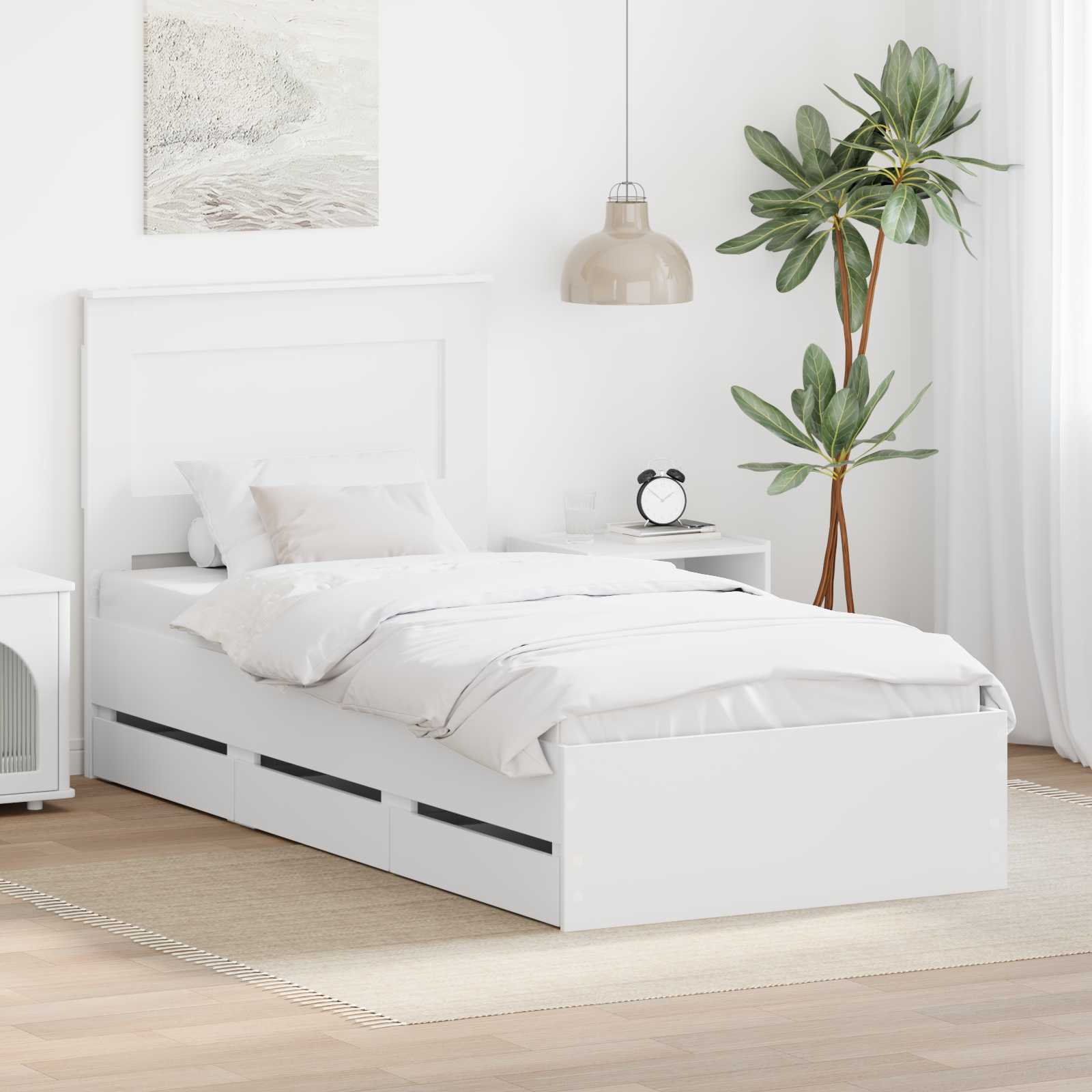 Sängram med låda med huvudgavel Vit 75 x 190 cm Ingenjörsträ