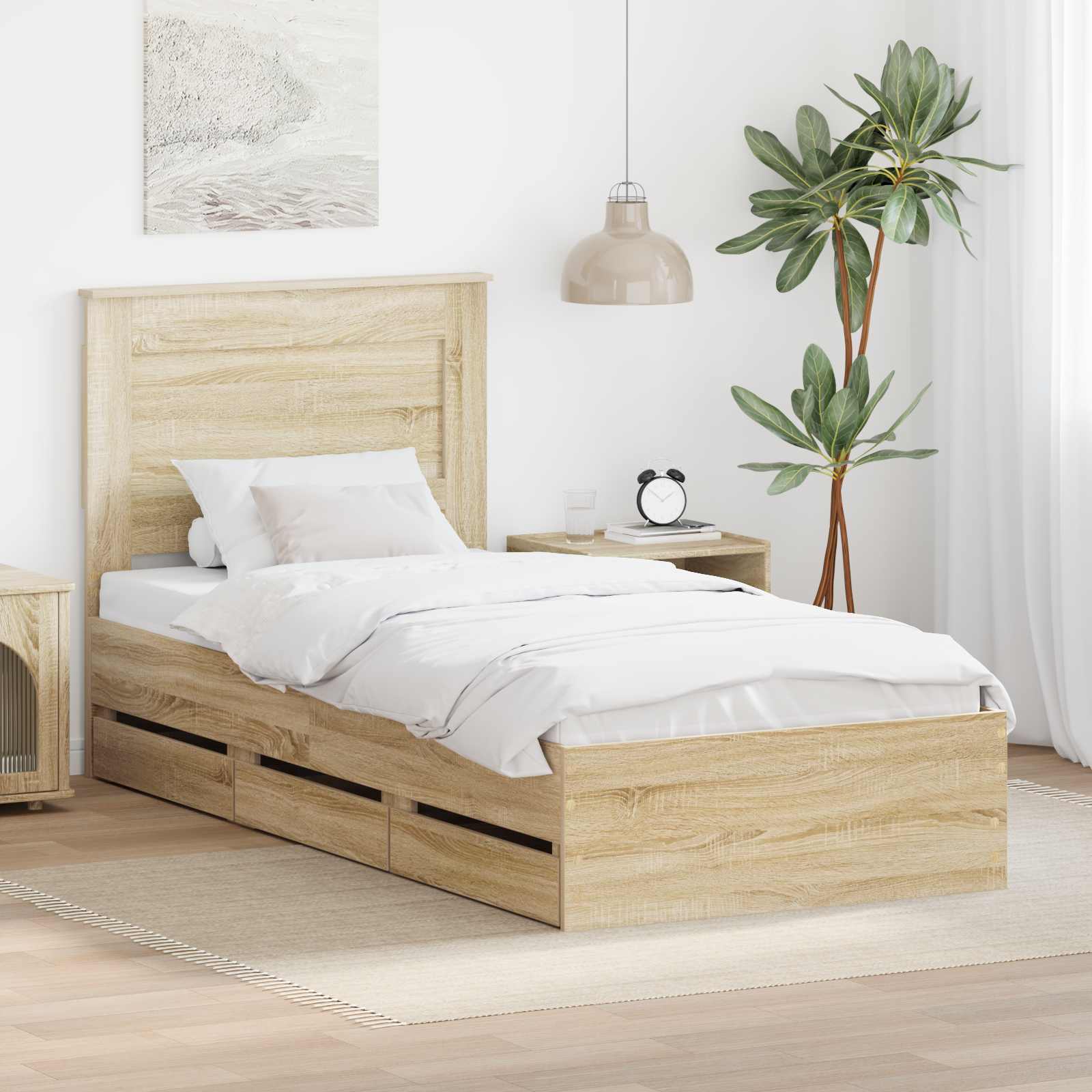 Sängram med låda med lagring Sonoma-ek 75 x 190 cm Ingenjörsträ
