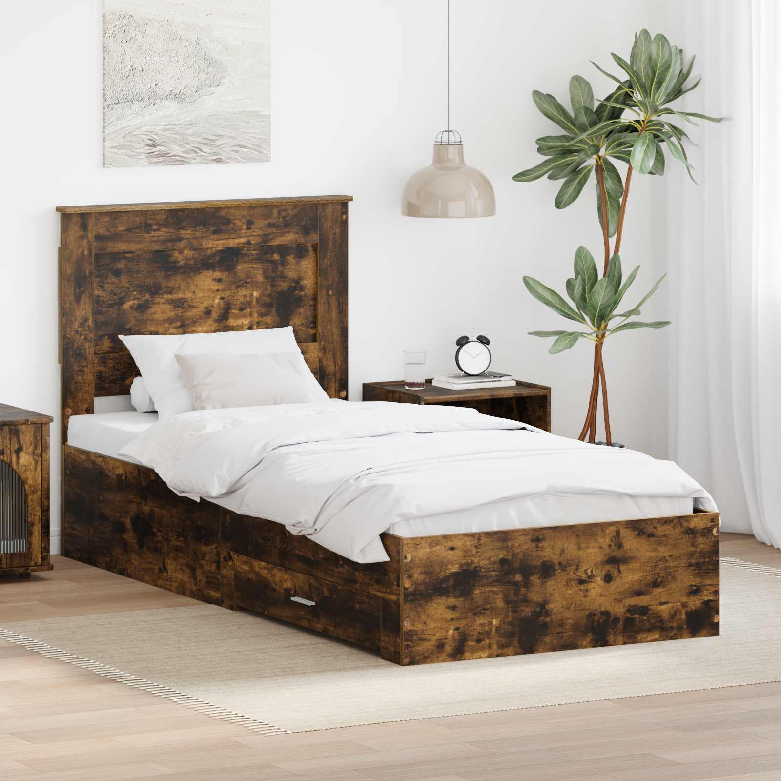 Sängram med låda Rökt ek 90 x 190 cm Konstruerat trä