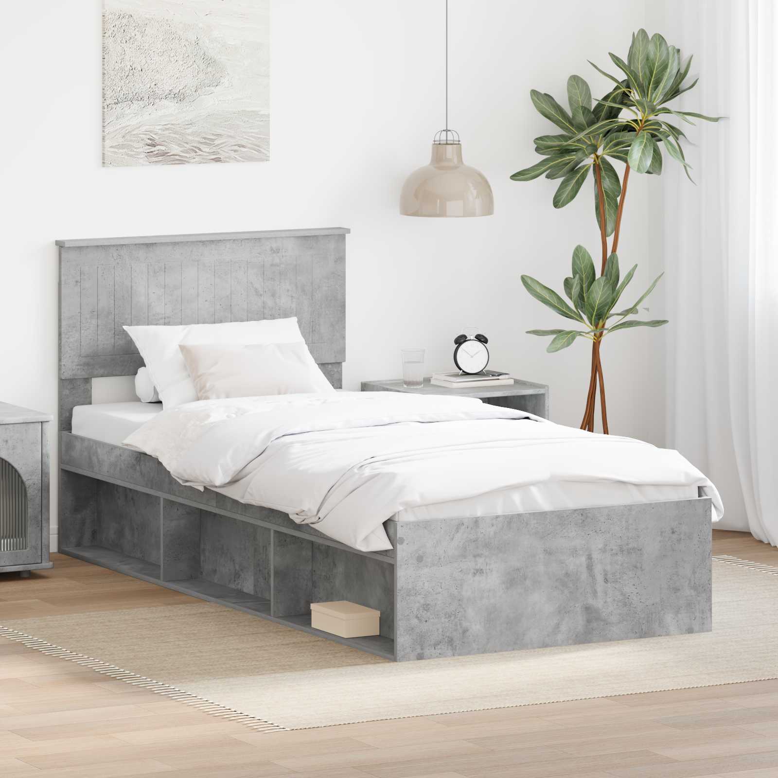 Sängram med huvudgavel Betonggrå 90 x 190 cm Massiv furu