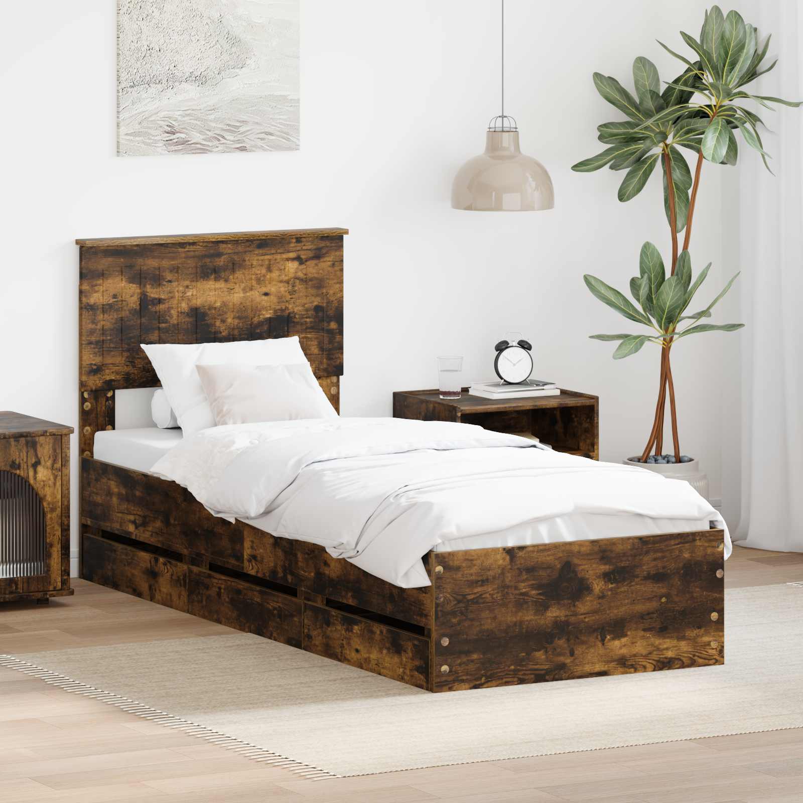 Sängram med låda med lagring Rökt ek 75 x 190 cm Ingenjörsträ