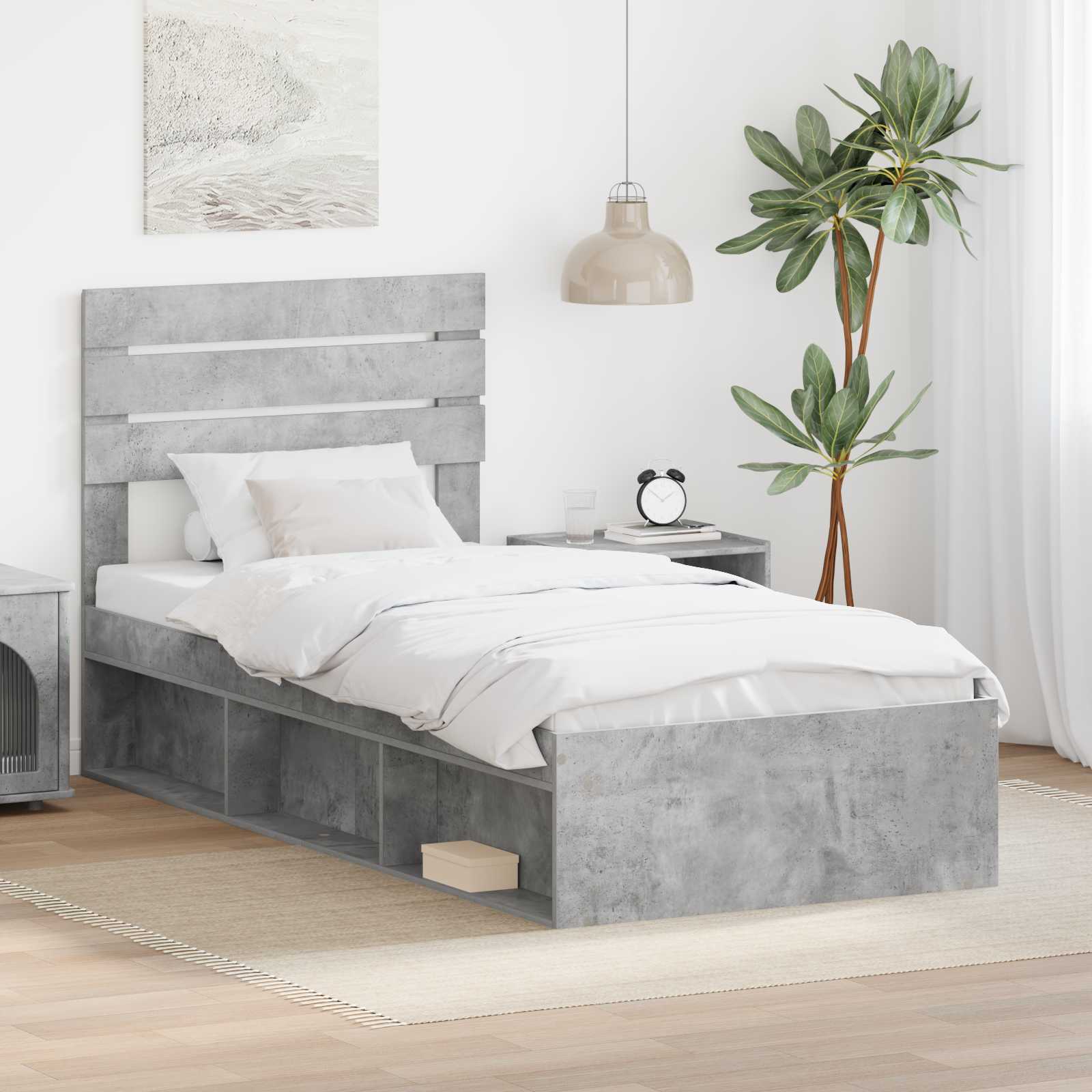 Sängram med huvudgavel Betonggrå 90 x 190 cm Massiv furu