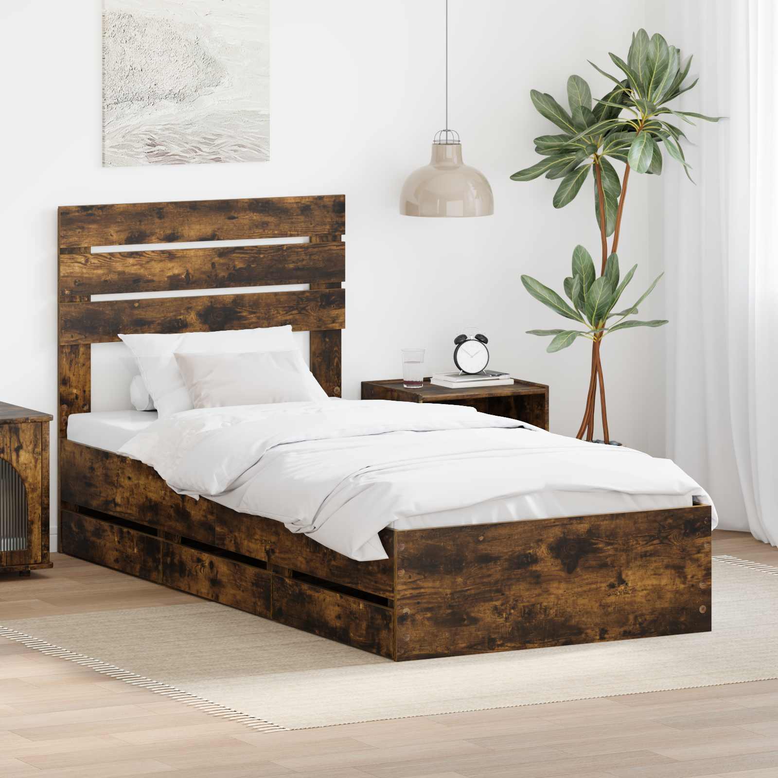 Sängram med låda med lagring Rökt ek 90 x 200 cm Ingenjörsträ