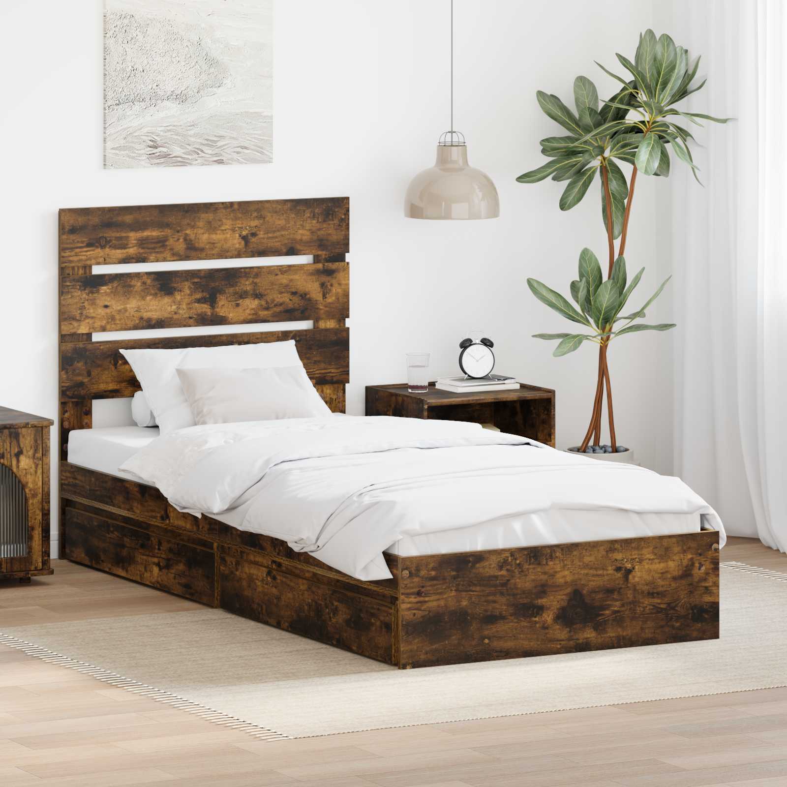 Förvaringssäng med låda Rökt ek 90 x 200 cm Konstruerat trä