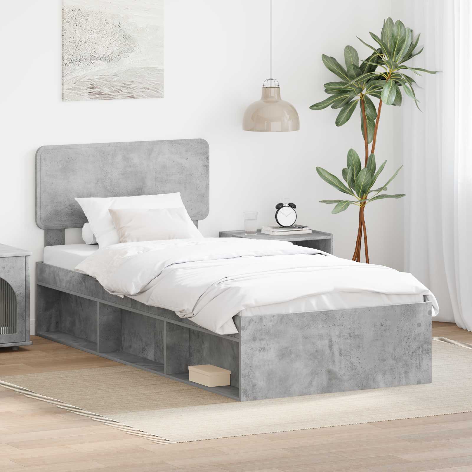 Sängram med huvudgavel Betonggrå 90 x 190 cm Massiv furu