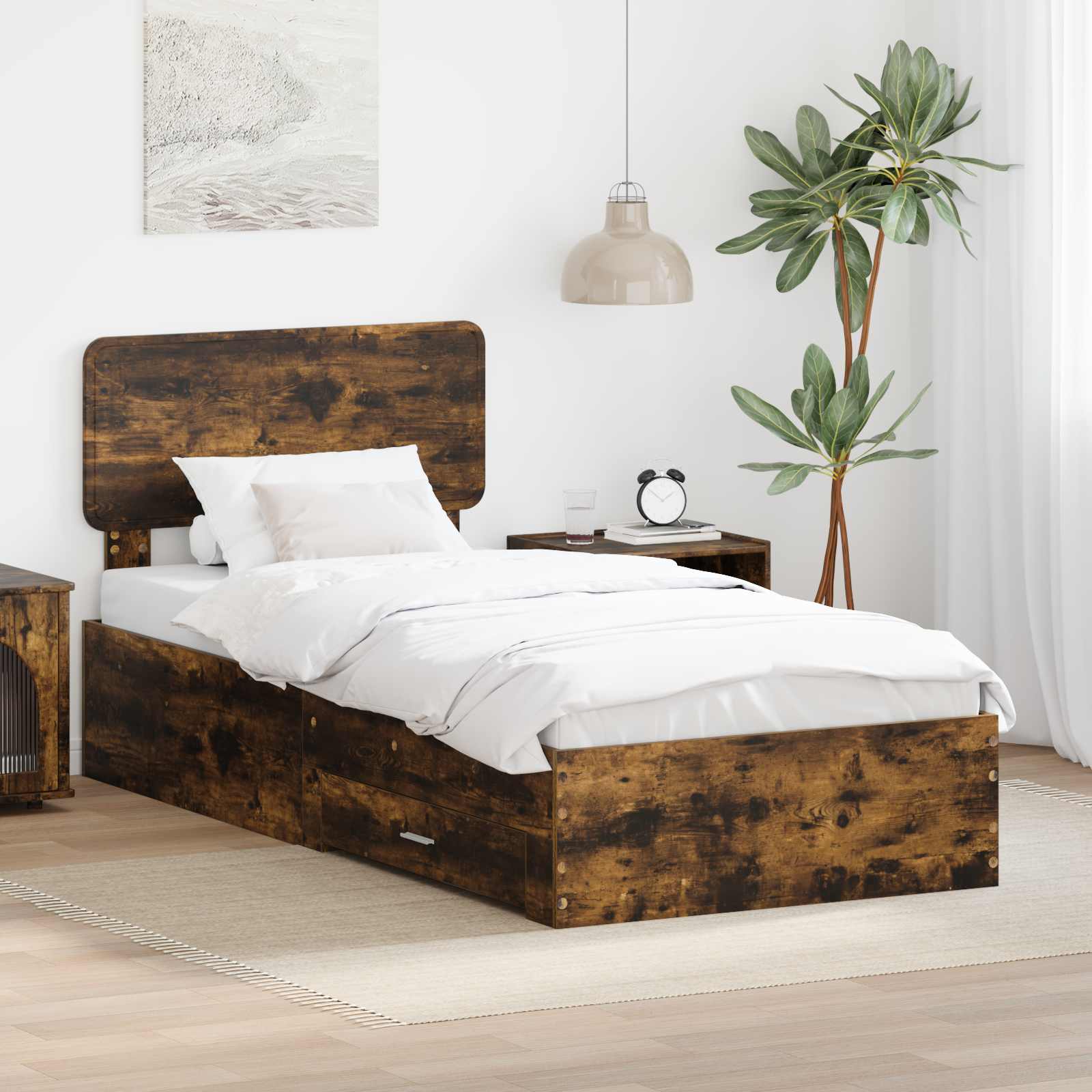 Sängram med låda Rökt ek 75 x 190 cm Konstruerat trä