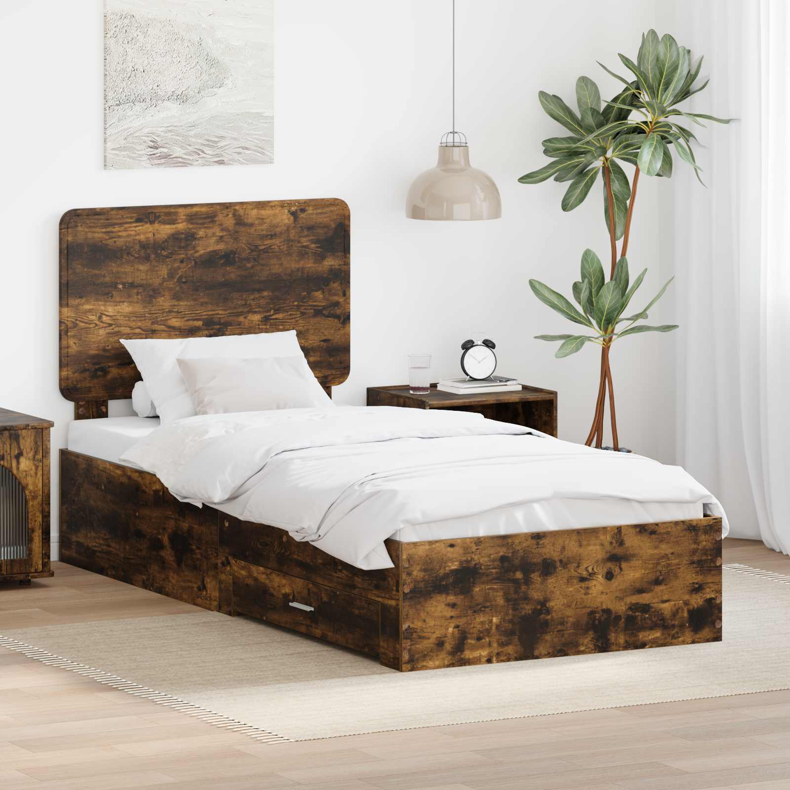 Sängram med låda Rökt ek 90 x 190 cm Konstruerat trä