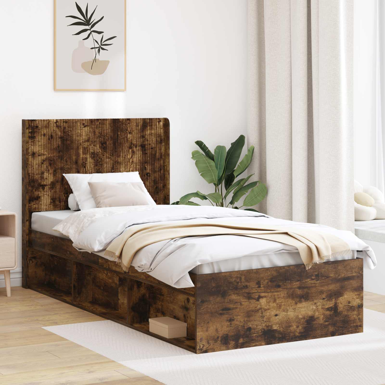 Sängram med förvaring och huvudgavel Rökt ek 100 x 200 cm
