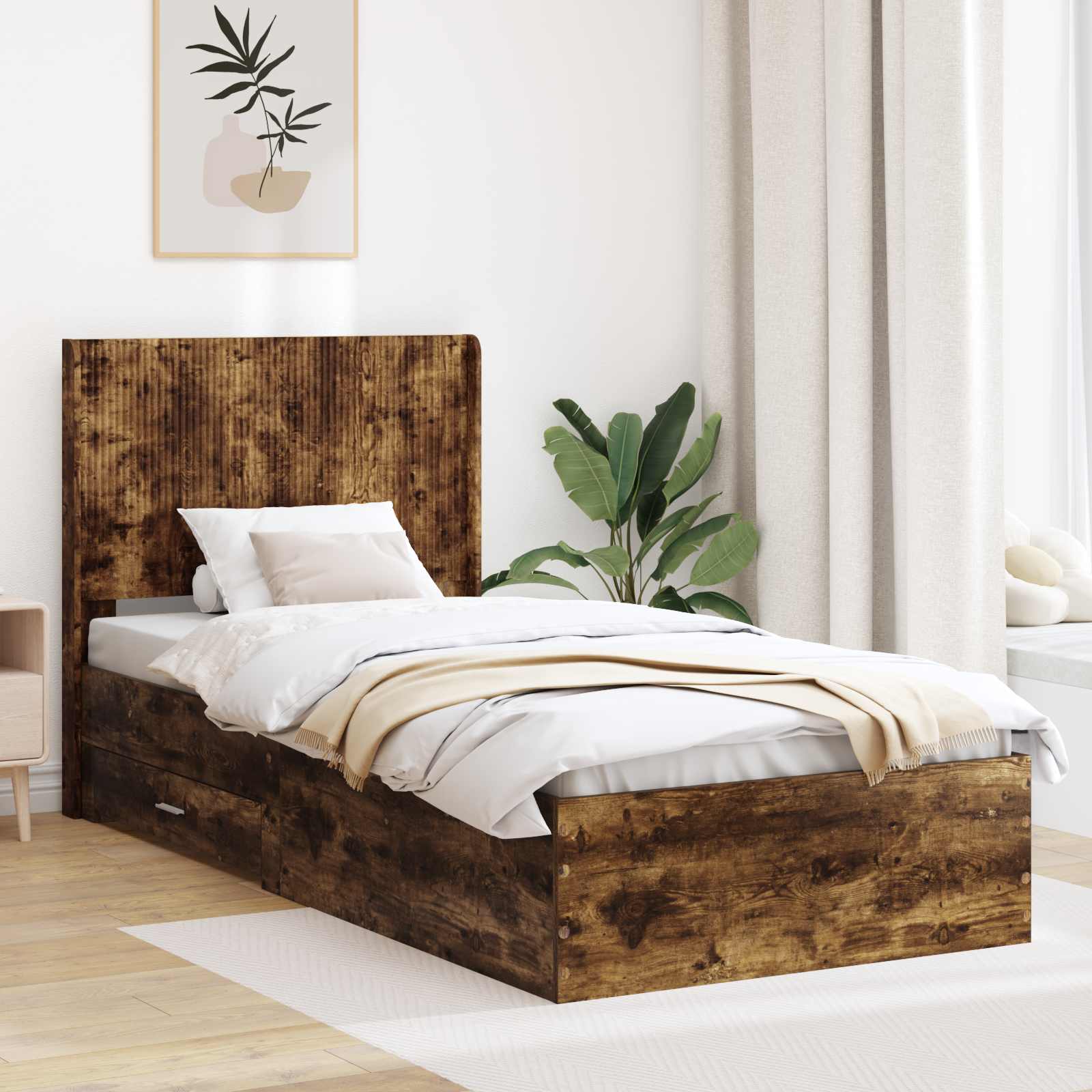 Sängram med förvaring och huvudgavel Rökt ek 75 x 190 cm