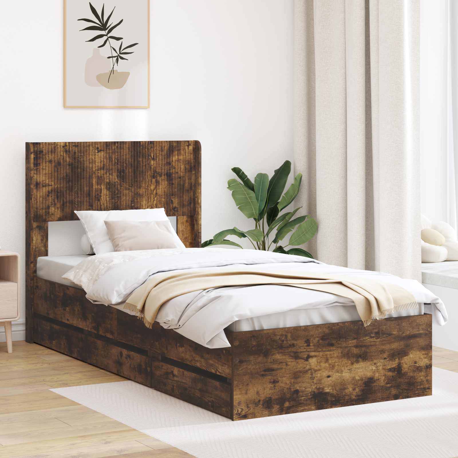 Sängram med förvaring och huvudgavel Rökt ek 75 x 190 cm