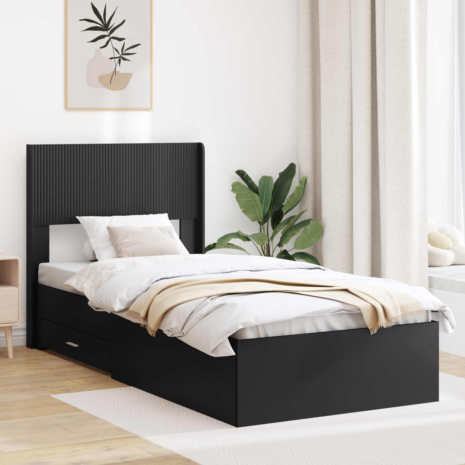 Sängram med förvaring och huvudgavel Svart 75 x 190 cm