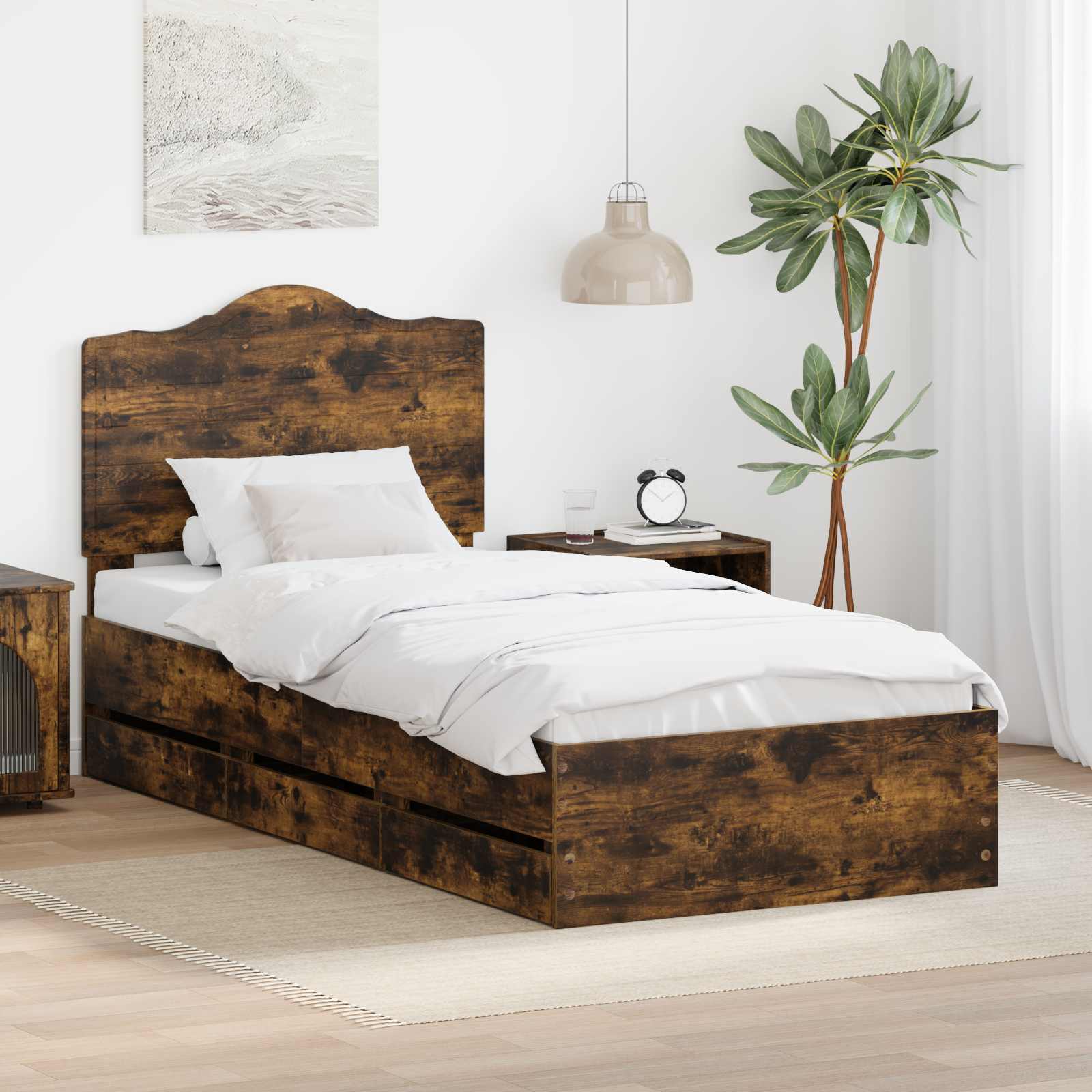 Sängram med låda med lagring Rökt Ek 75 x 190 cm Ingenjörsträ