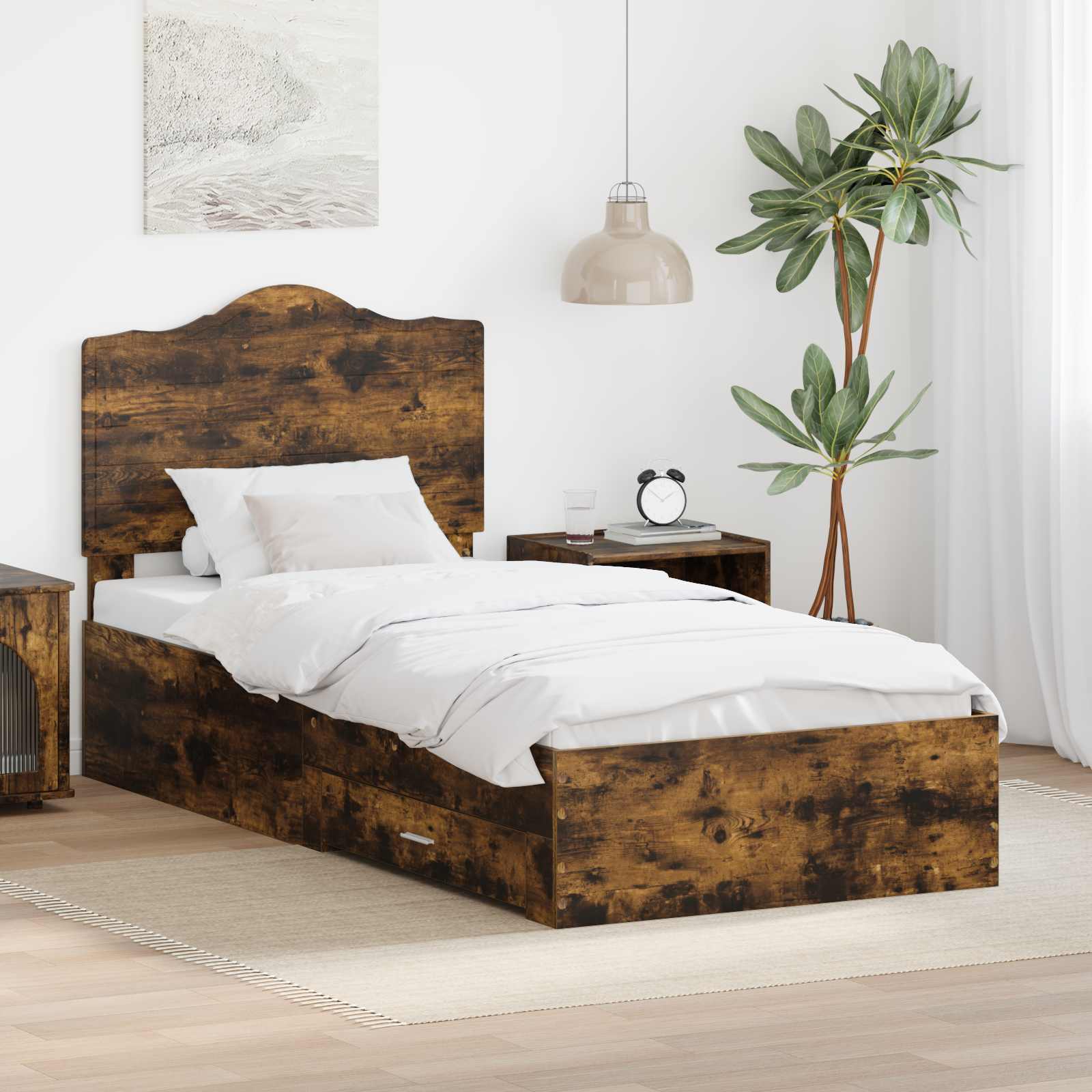 Sängram med låda Rökt ek 100 x 200 cm Konstruerat trä