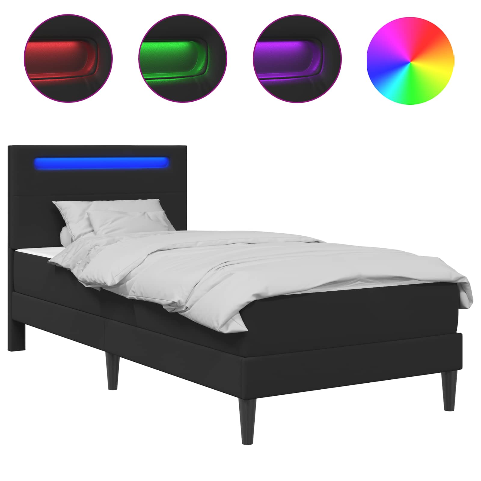 Sängram med LED-ljusslingor Svart 90 x 200 cm Konstläder