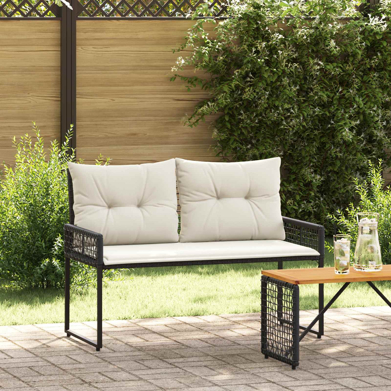 Utomhusbänk med kudde Svart och krämvit 118 x 55 x 82 cm