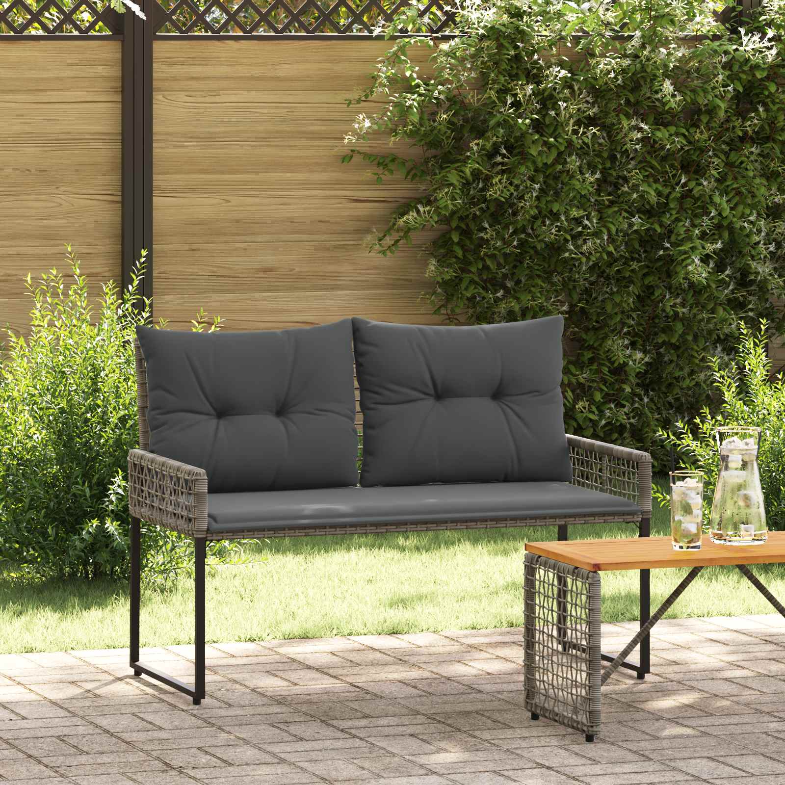Utomhusbänk med kudde Grå 118 x 55 x 82 cm PE Rattan och Tyg