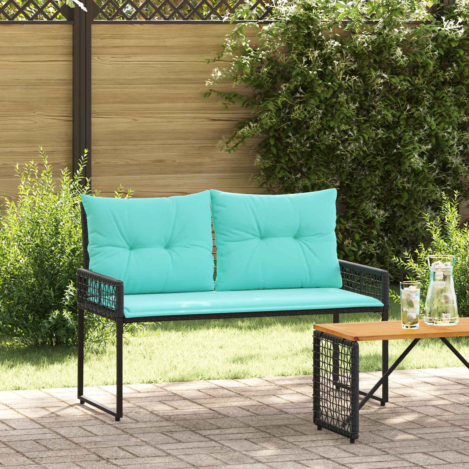 Utomhusbänk Svart och turkos 118 x 55 x 82 cm PE Rattan och Tyg