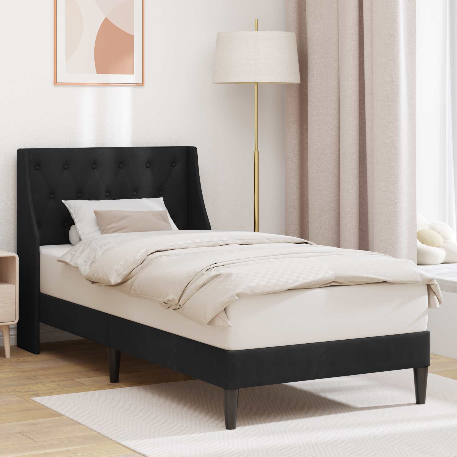 Sängram med huvudgavel Svart 90 x 190 cm Sammet