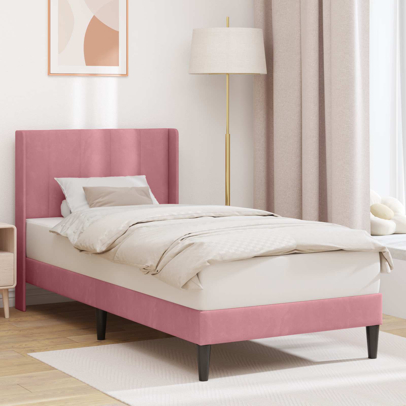 Sängram med huvudgavel Rosa 90 x 190 cm Sammet