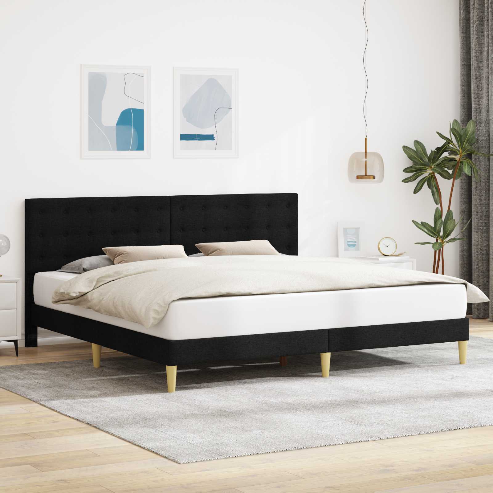 Sängram med huvudgavel Svart 200 x 200 cm Tyg