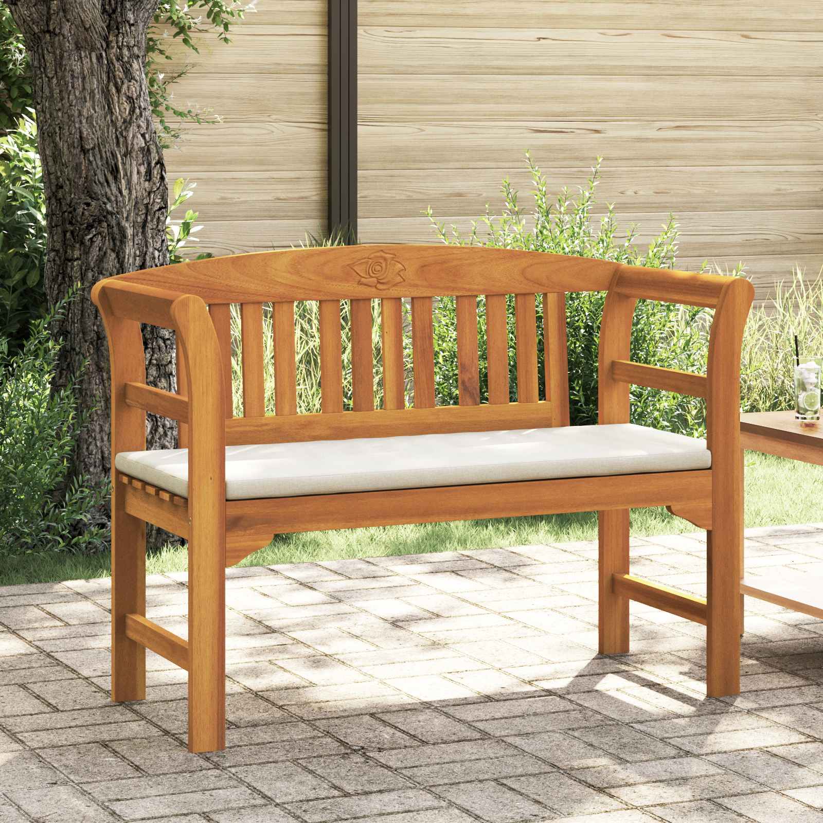 Rosabänk med kudde Krämvit 114 x 46 x 82,5 cm Massivt Akaciaträ
