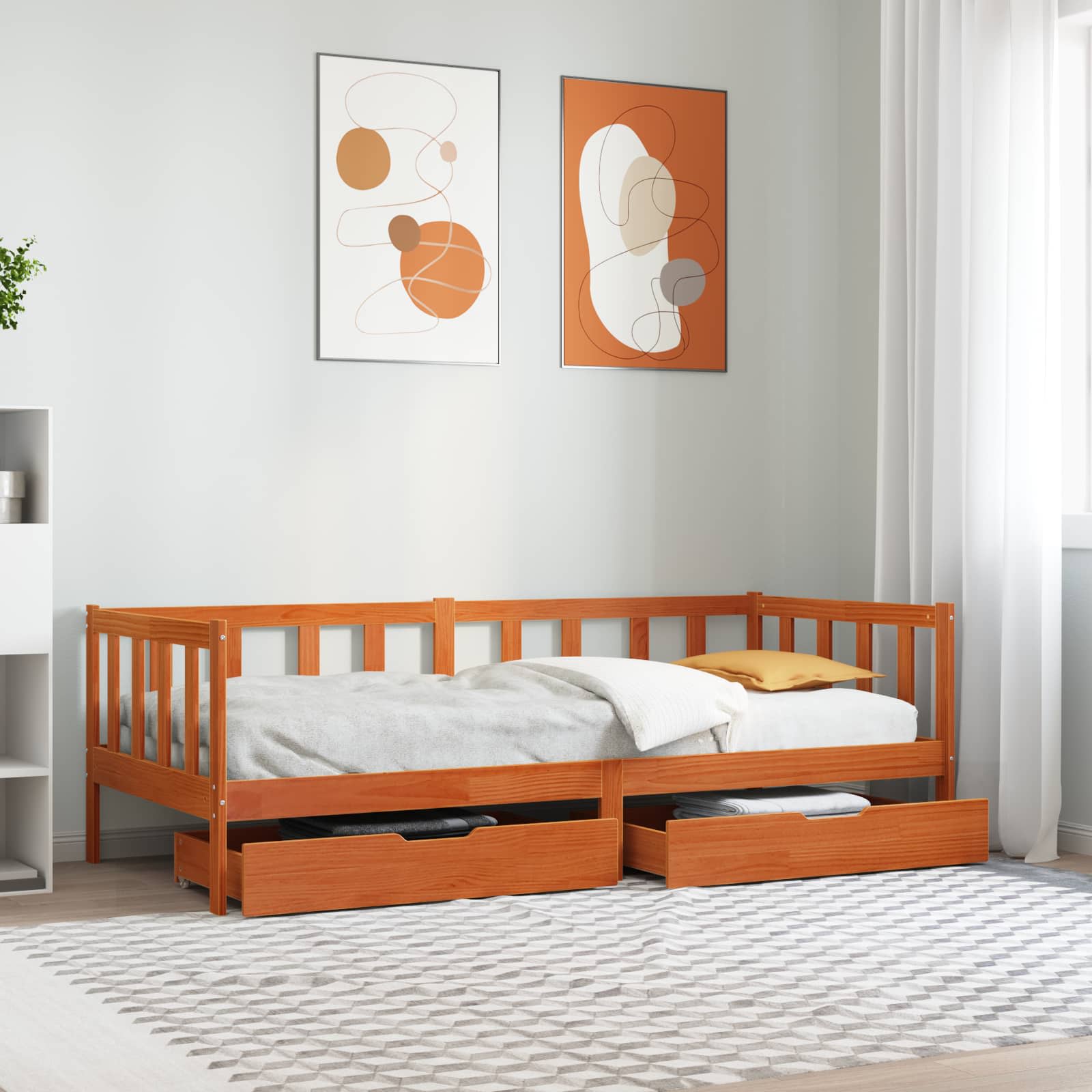Sängsoffa med låda med hjul 3 st Vaxbrun Massiv furu