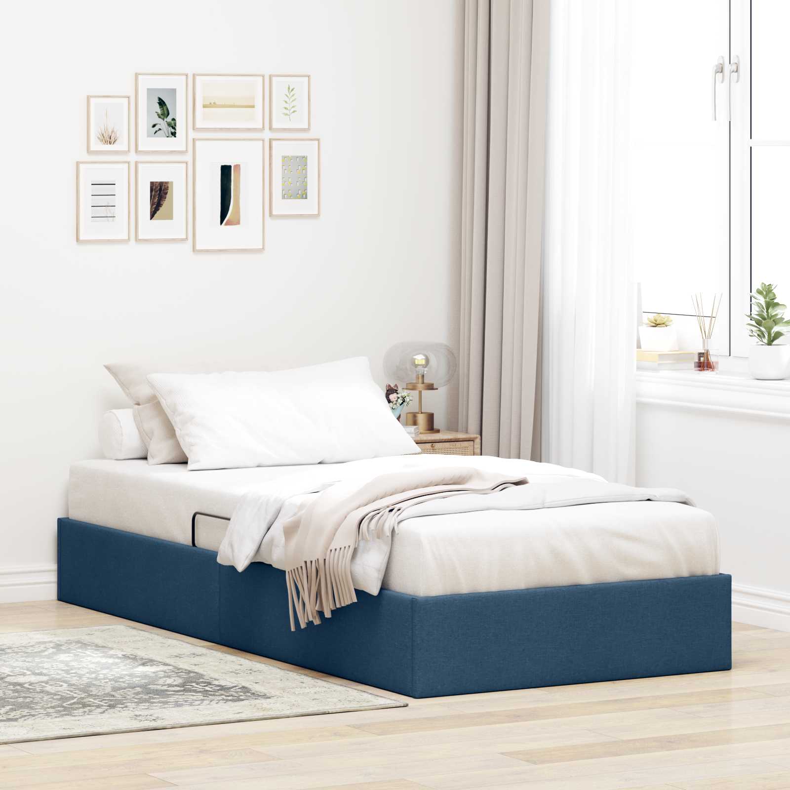 Ottoman Sängram med lagring Blå 90 x 190 cm tyg