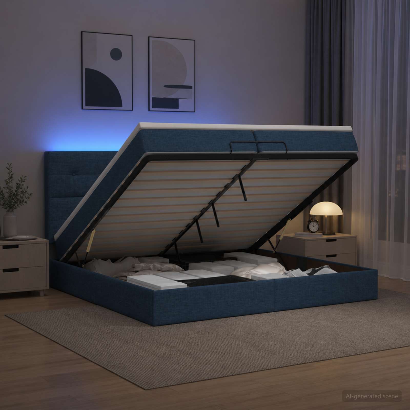 Ottoman-säng med madrass och LED Blå 200 x 200 cm Tyg