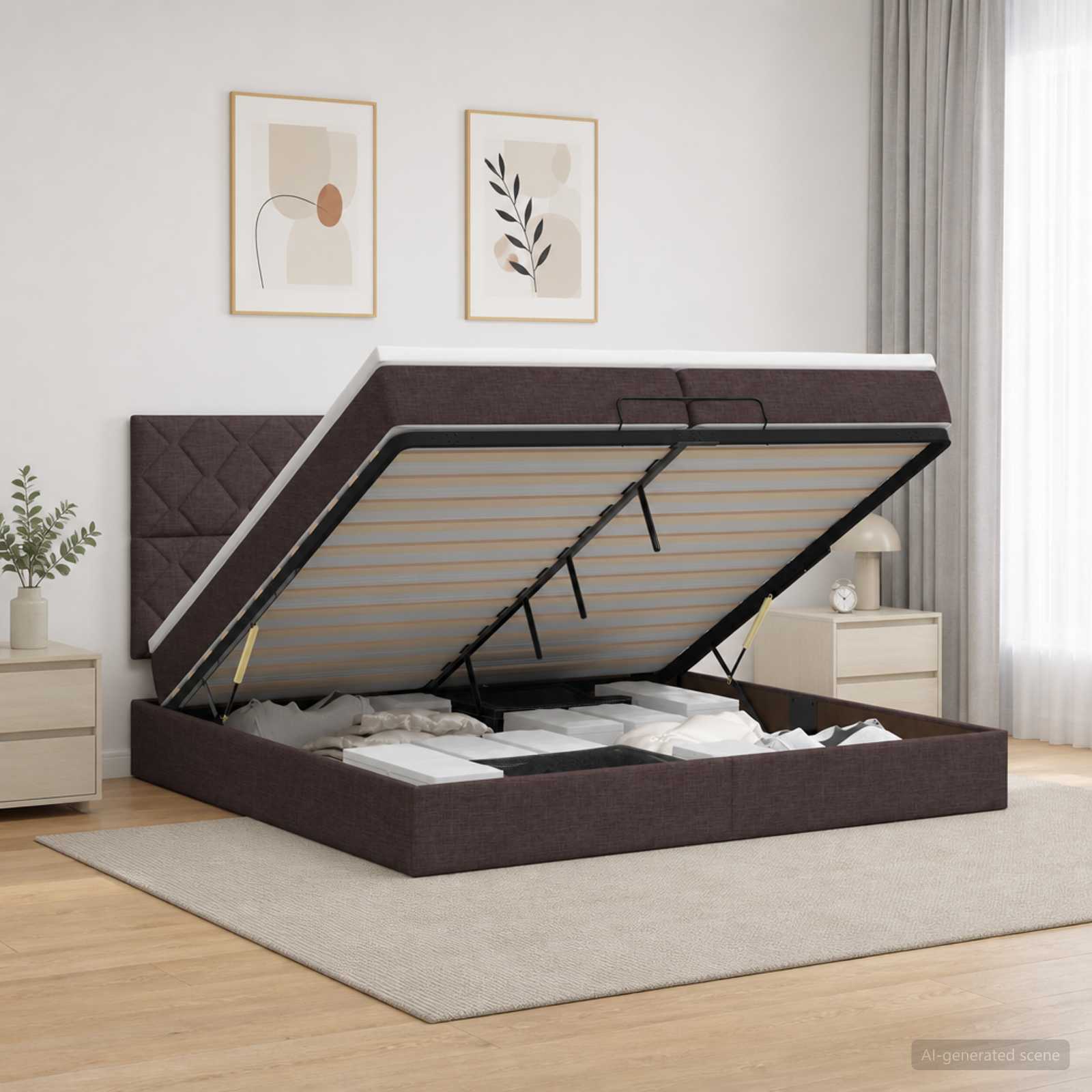 Ottoman-säng med madrass och LED Mörkbrun 200 x 200 cm Tyg