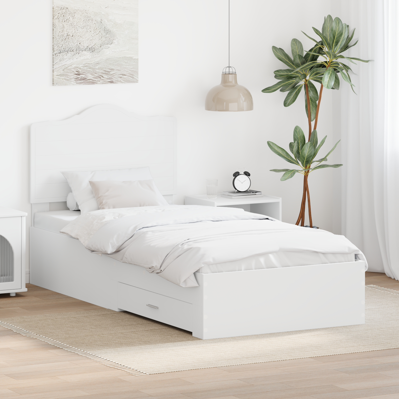 Sängram med låda med huvudgavel Vit 90 x 190 cm Konstruerat trä