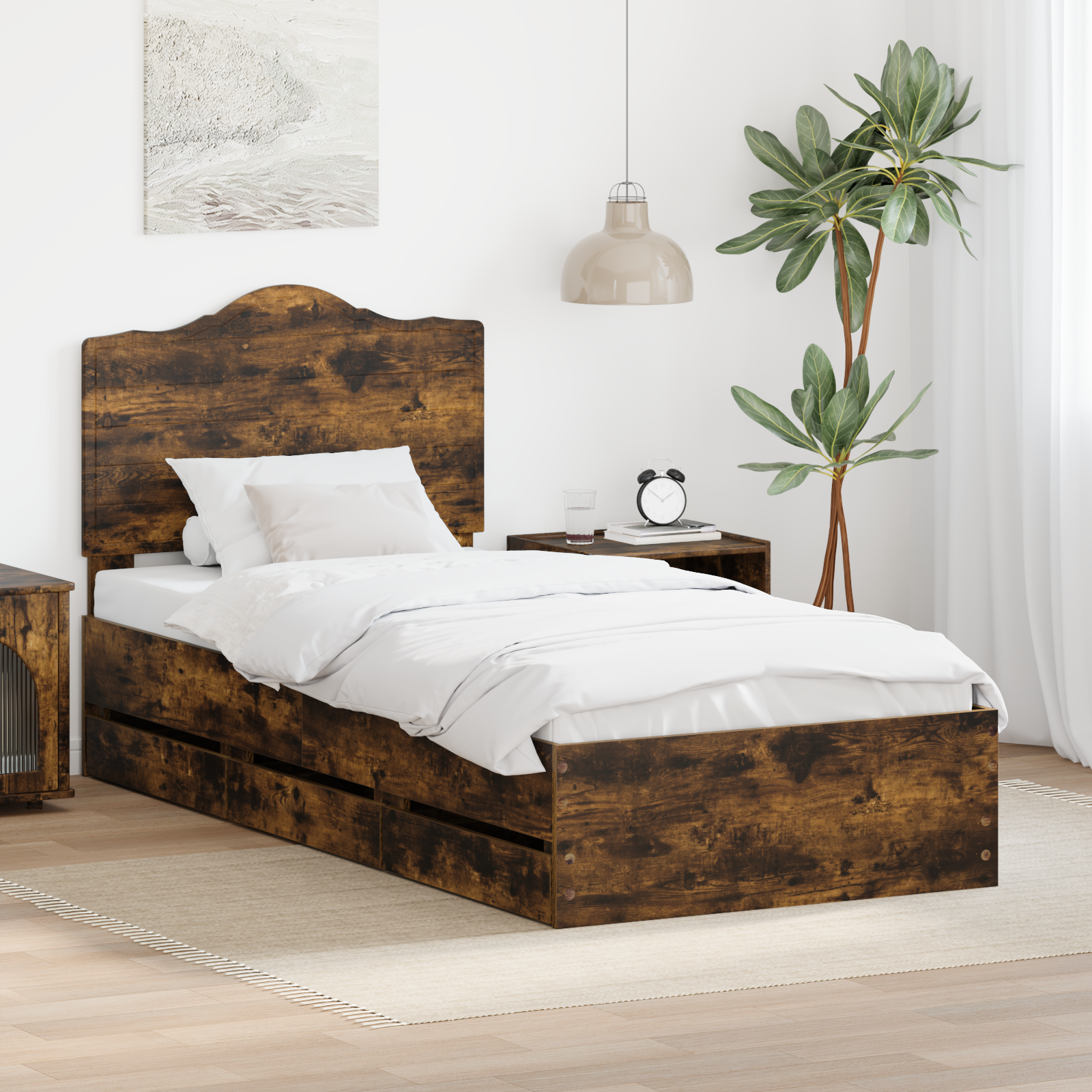 Sängram med låda med lagring Rökt Ek 90 x 200 cm Ingenjörsträ