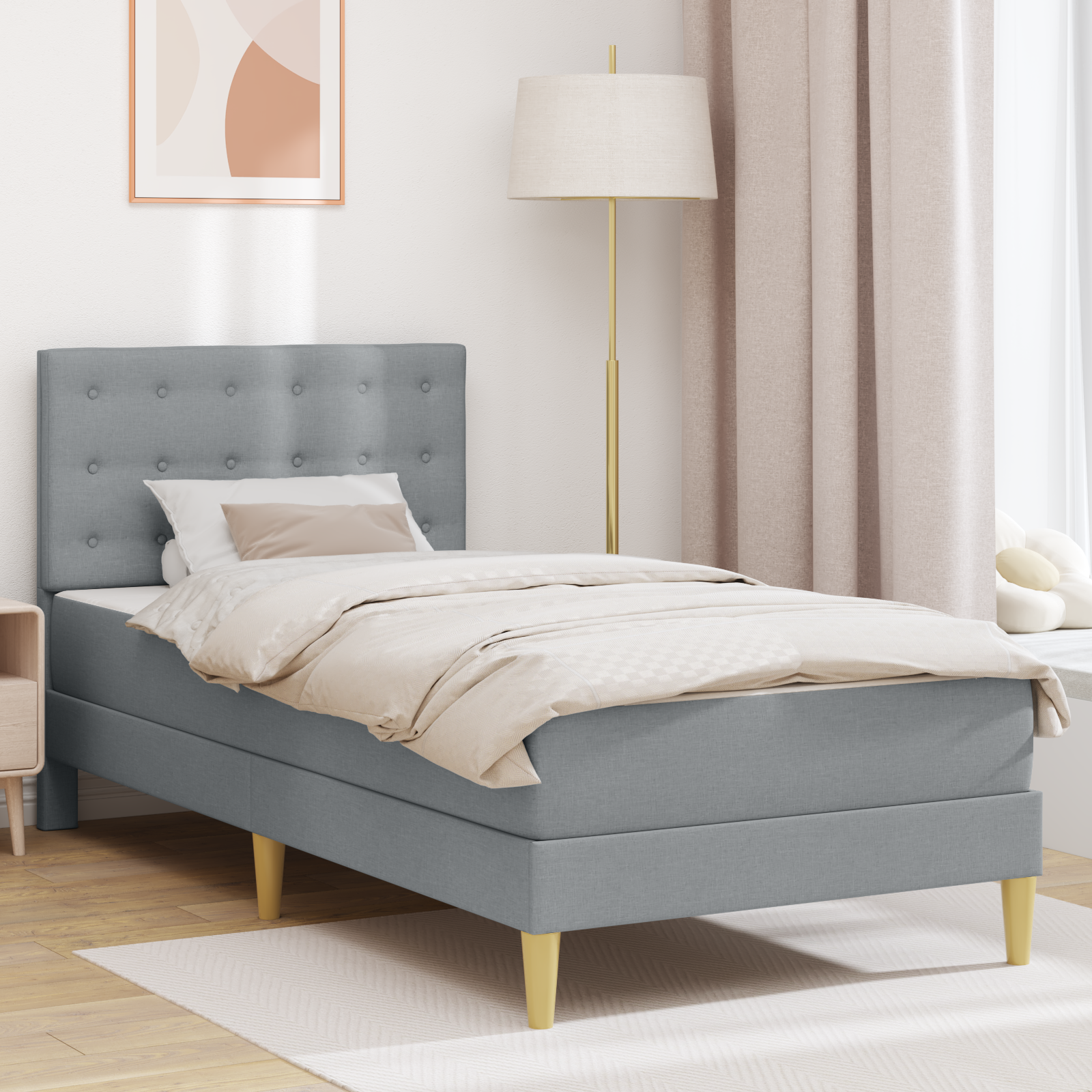 Sängram med madrass med huvudgavel Ljusgrå 100 x 200 cm Tyg