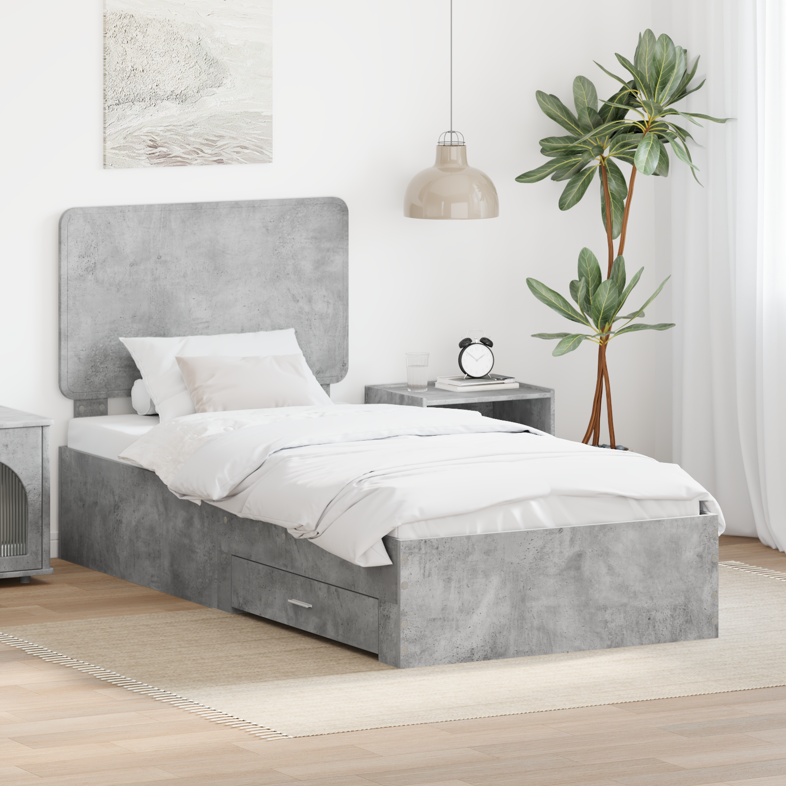 Sängram med låda Betonggrå 90 x 190 cm Konstruerat trä