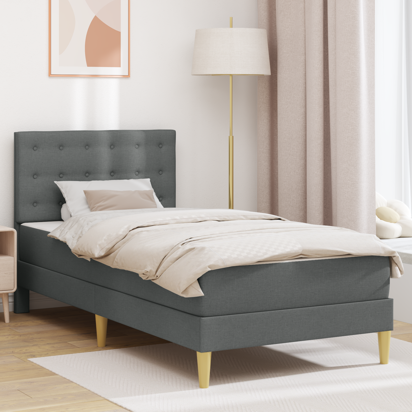 Sängram med madrass med huvudgavel Mörkgrå 90 x 200 cm Tyg